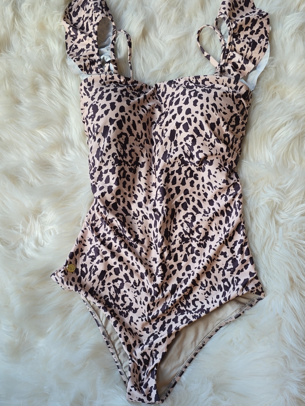 Leonisa Leopard Print One-Piece Shaping Swimsuit Ruffle Straps Size M